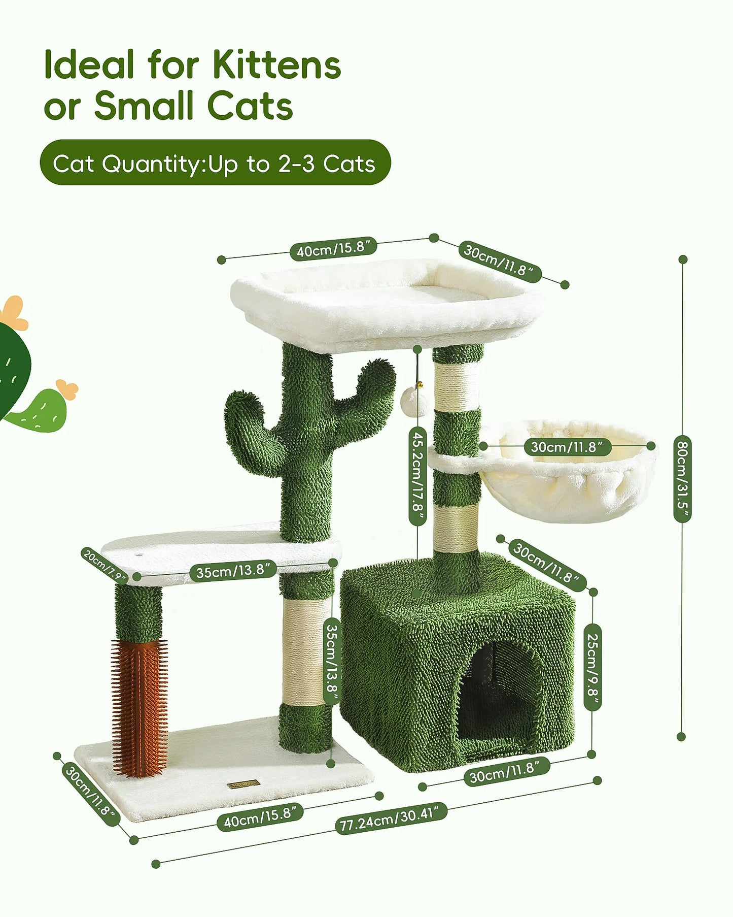 32-Inch Cactus Cat Tower – Indoor Play Tree with Scratching Post, Hammock