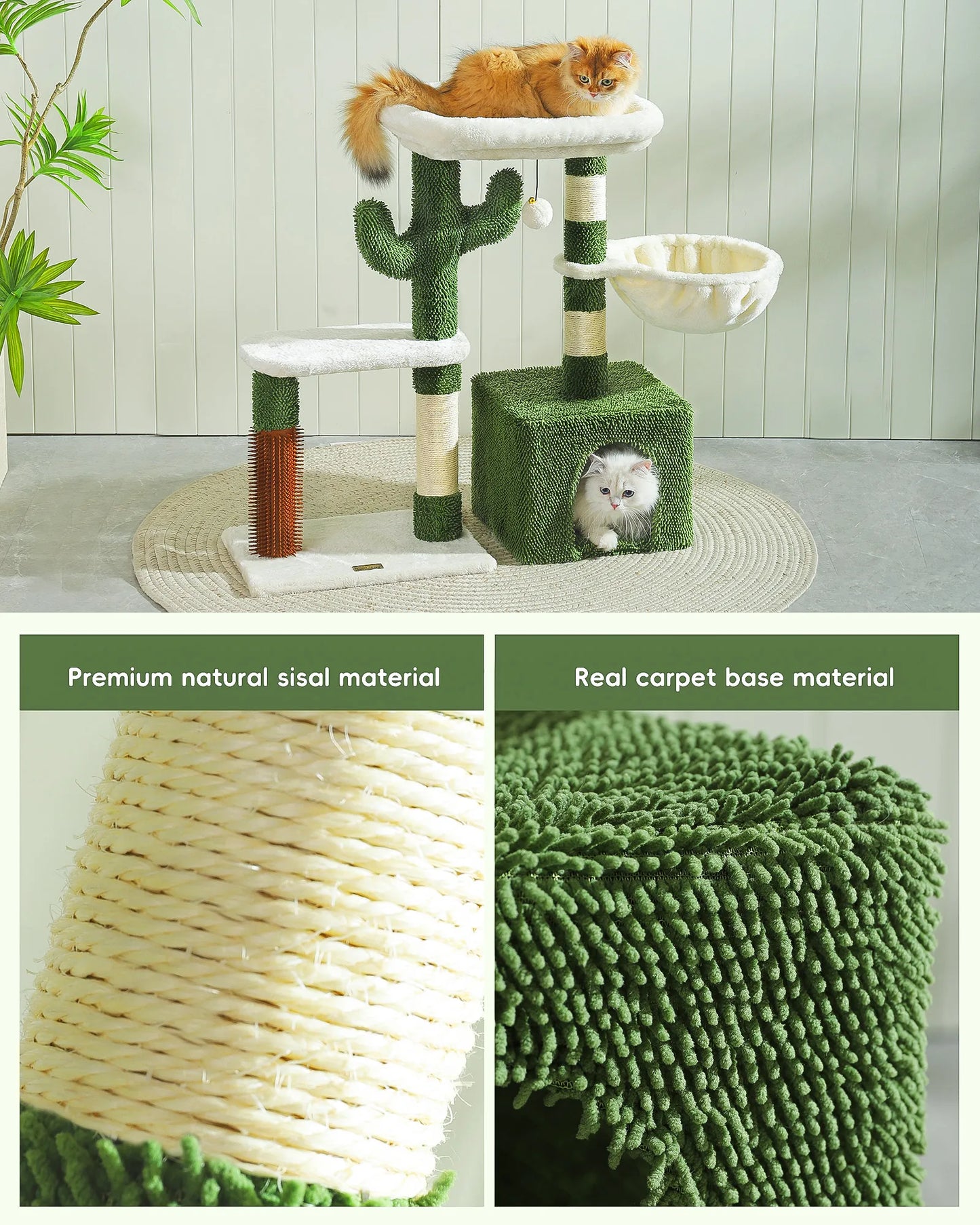 Self-grooming brush on cactus cat tree