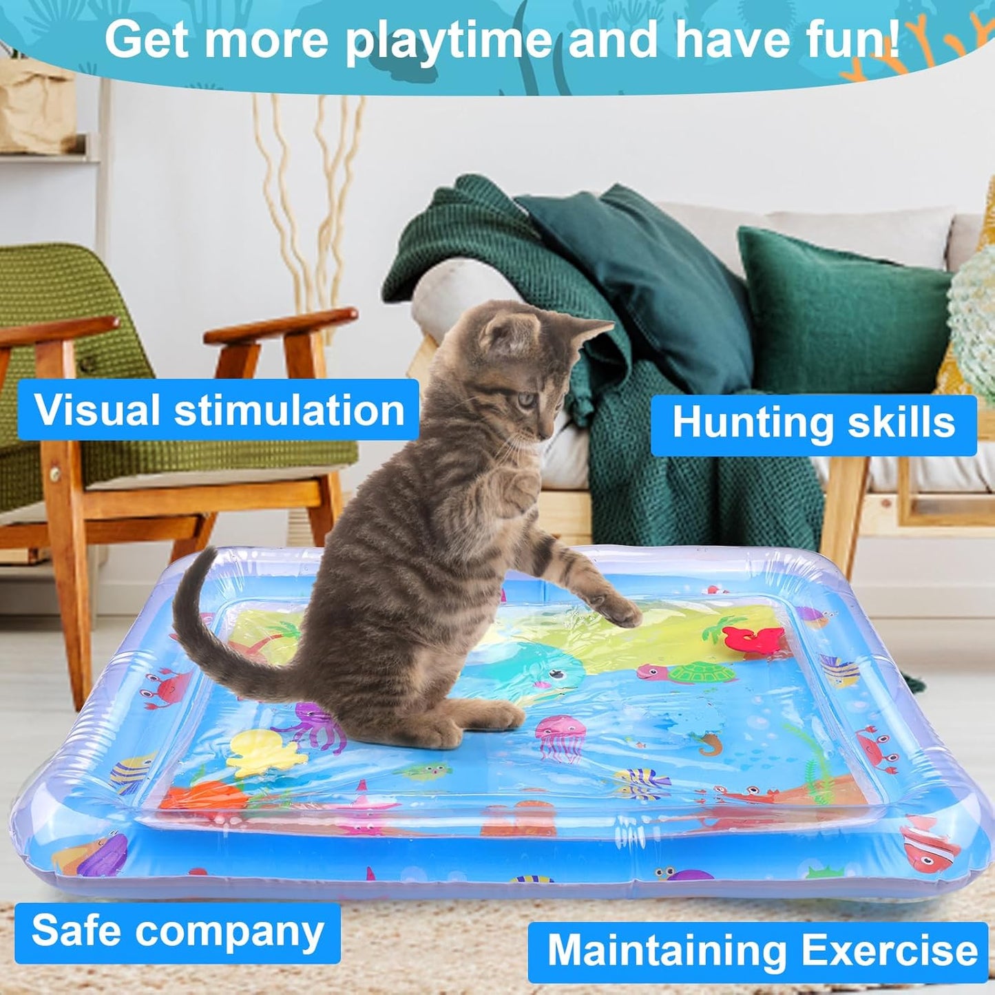 Cat playing on water-filled sensory mat with interactive fish graphics