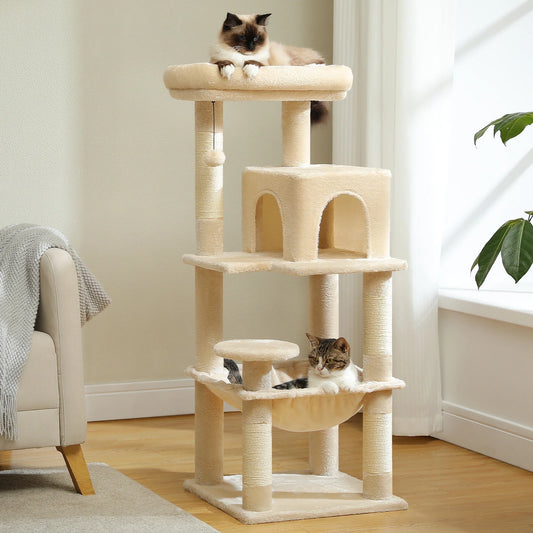 5-level indoor cat tree for large cats with neutral colors