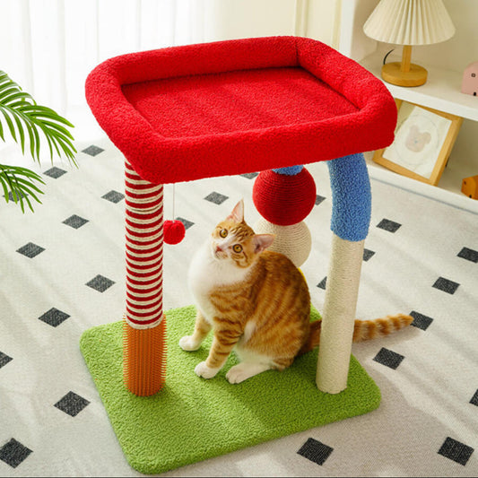 single-level cat tree with red top, sisal scratching posts, and playful design for indoor cats