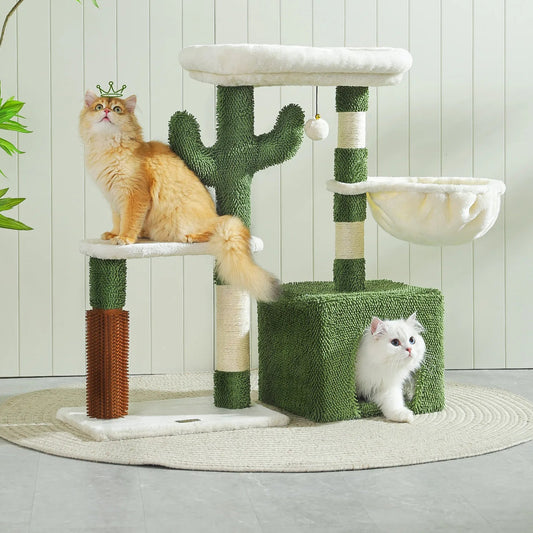 Cactus-shaped 32-inch cat tower with hammock and perch