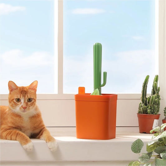 Cactus-shaped cat litter scoop with matching holder