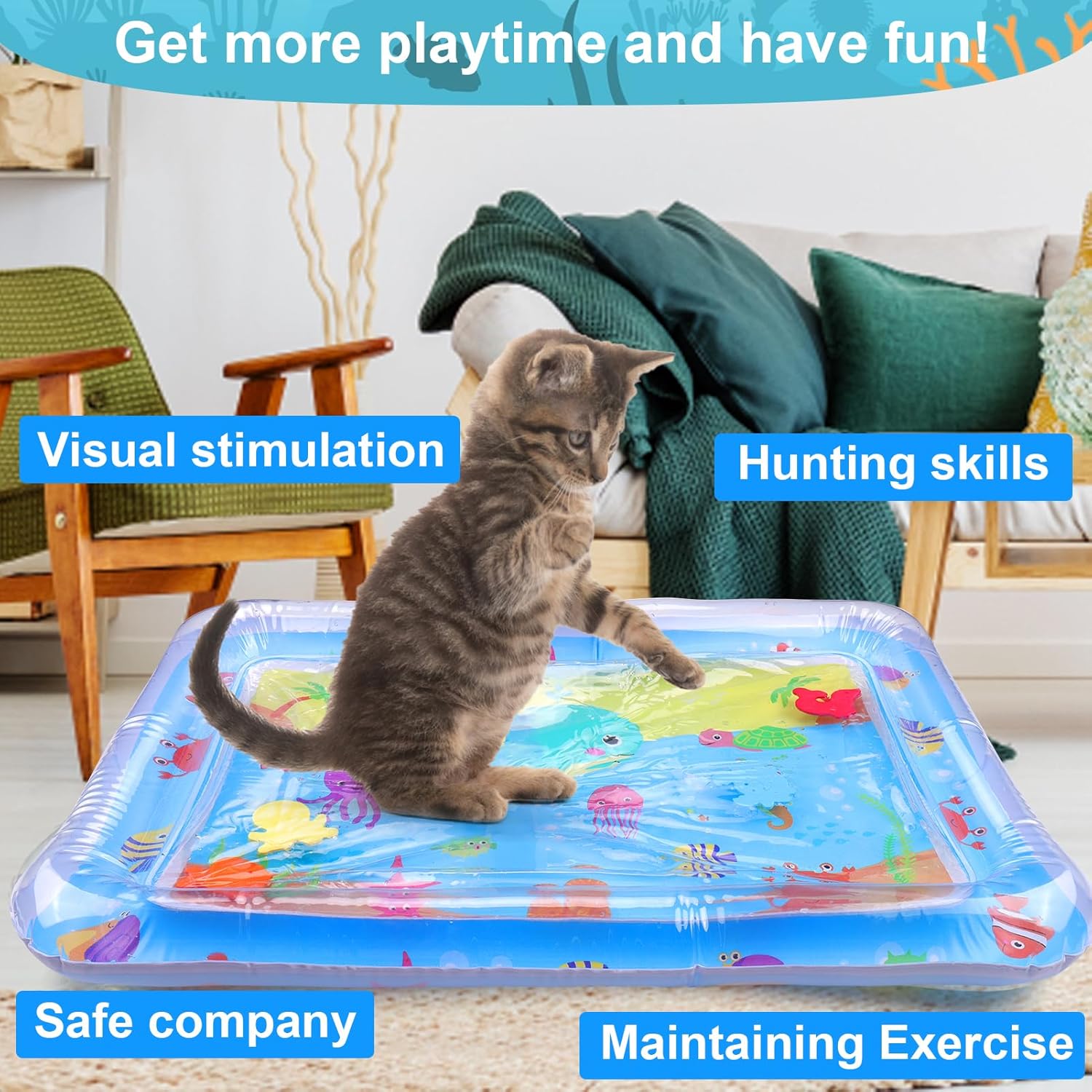 Cat playing on water-filled sensory mat with interactive fish graphics