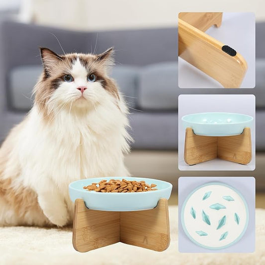 Elevated cat feeding bowl in modern white and wood design