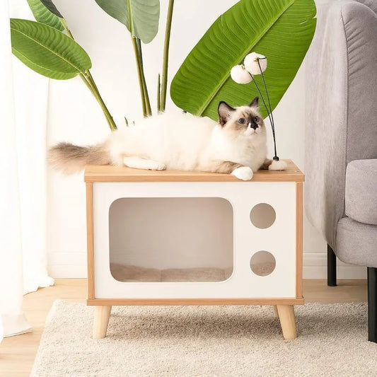 Wooden TV-shaped cat house for large indoor cats